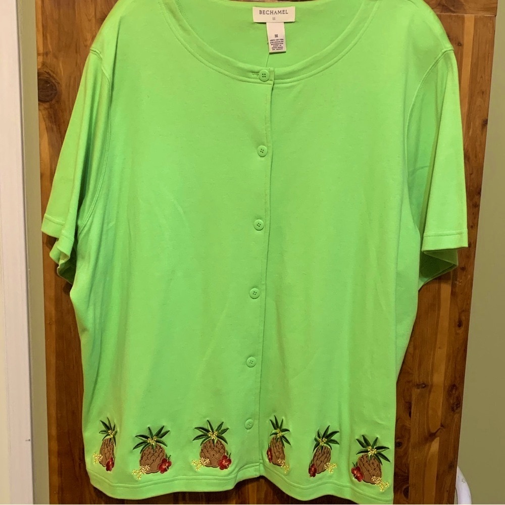 Bechamel II Button Front Top with Embroidered Pineapples